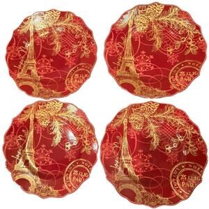 222 Fifth Joyeux Noel Red Gold Paris Eiffel Tower Holiday Plates 4 Set 9" Salad